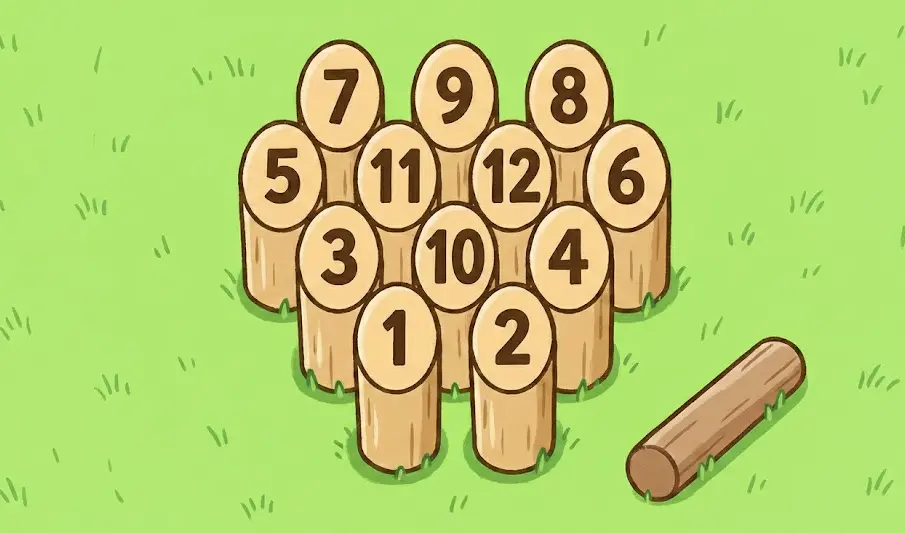 Správné rozestavení kolíků hry Mölkky s očíslováním od 1 do 12